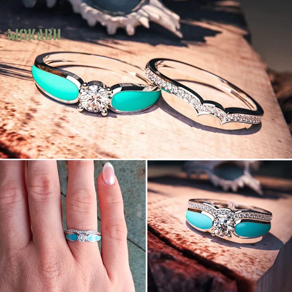 [Mok Abh] Nhẫn Đính Đá Ngọc Lam Giả Hình Sóng Biển Hai Lớp Không Gây Dị Ứng Có Thể Tháo Rời Thời Trang Thanh Lịch Cho Nữ