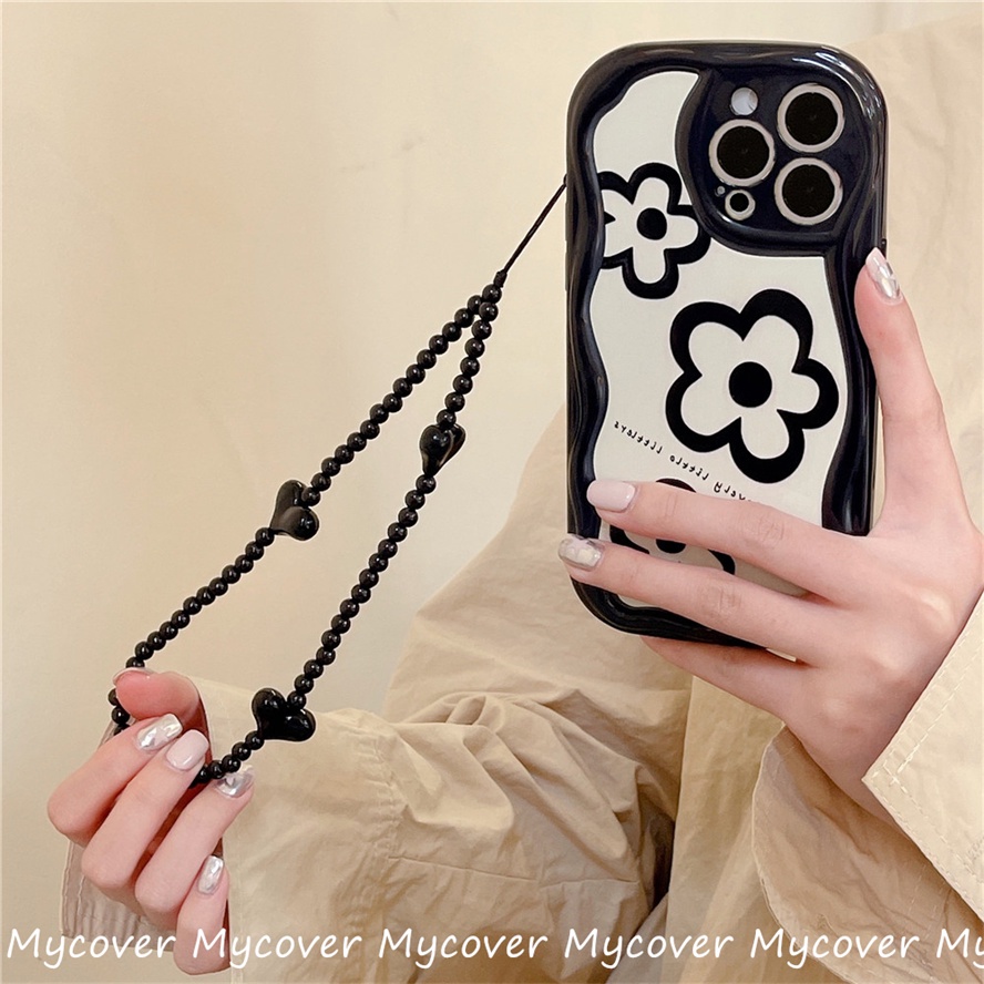 Ốp Điện Thoại Silicon Chống Sốc Họa Tiết Hoa Phối Dây Đeo Chuỗi Hạt Cho iPhone 11 12 13 14 Pro Max X Xr Xs 8 7 6 Plus SE 2020