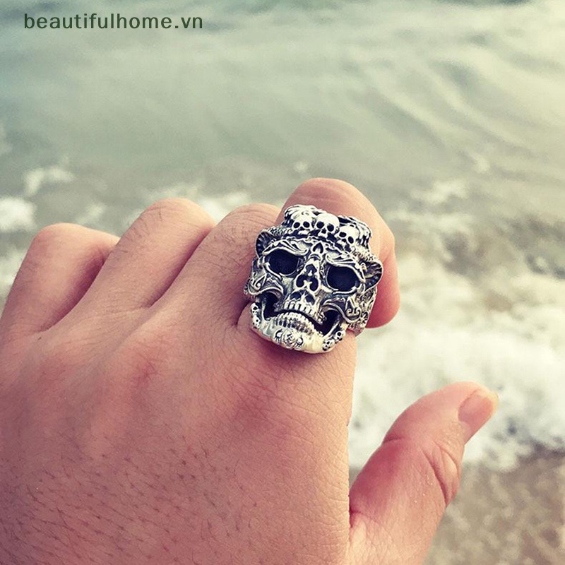 [beautifulhome] Nhẫn Hình Đầu Lâu Mạ Bạc Phong Cách Punk Cổ Điển Có Thể Điều Chỉnh Được Dành Cho Nam Và Nữ Đi Xe Máy [beauty]