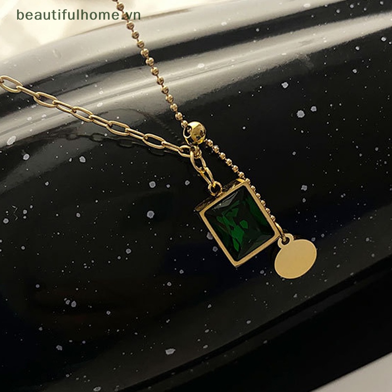 Vòng cổ Mặt Đá Xanh Lá Bằng Thép Không Gỉ Phong Cách Hip Hop Thời Trang Cho Nữ