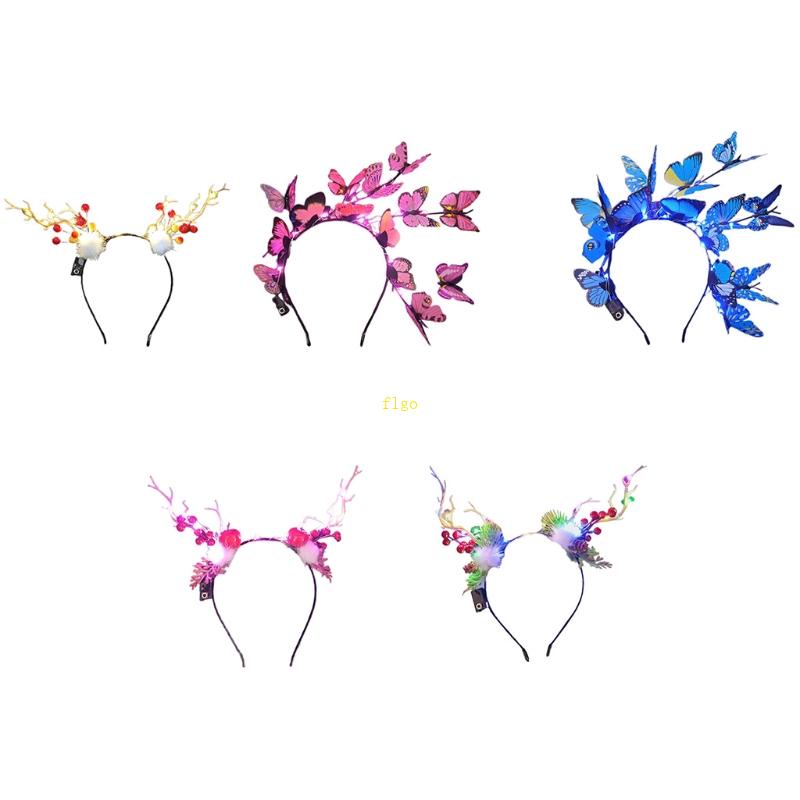 Băng Đô Cài Tóc Hình Sừng Tuần Lộc Đính Hoa Và Bướm Có Đèn Led Phát Sáng