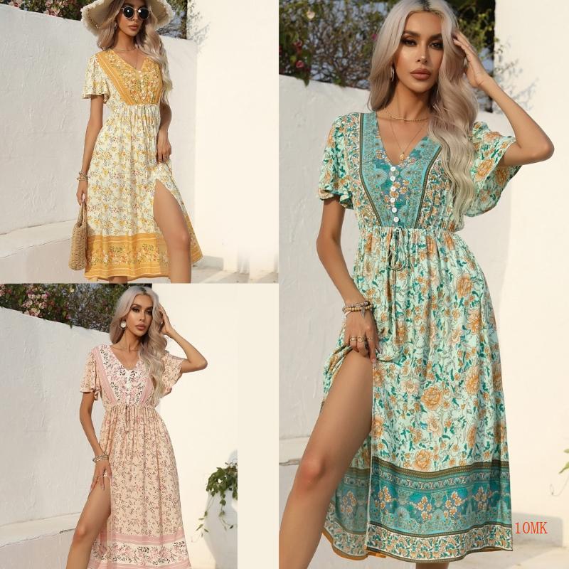 Đầm Midi Ngắn Tay Lưng Thun In Hoa Phối Nút Phía Trước