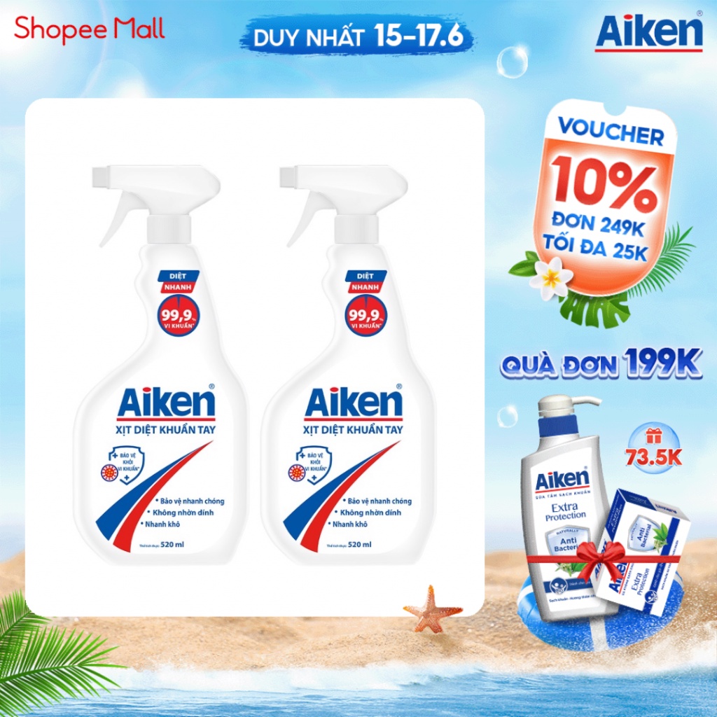 Combo 2 xịt diệt khuẩn tay Aiken 520ml