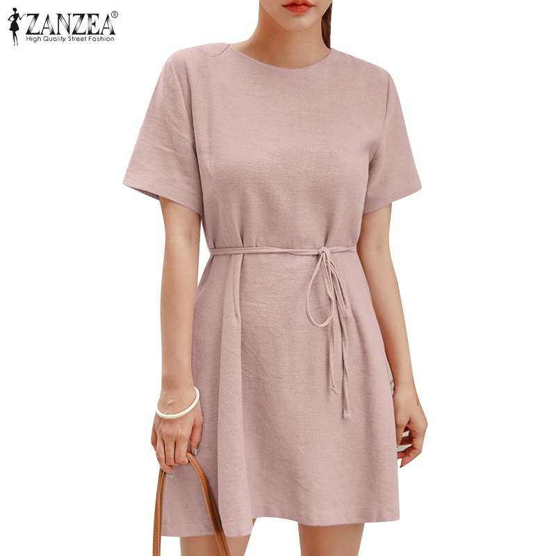 Zanzea Đầm Nữ Ngắn Tay Cổ Tròn Thời Trang Hàn