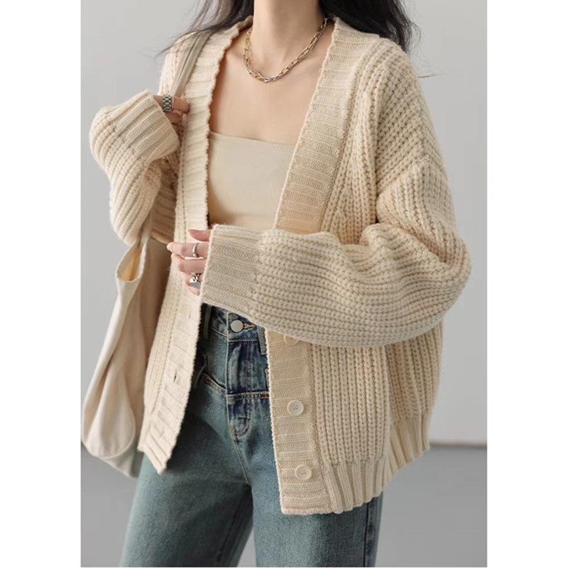 Áo Khoác cardigan Dệt Kim Cổ Chữ V Dáng Rộng Màu Trơn Thời Trang Thu Đông Hàn Quốc Mới Dành Cho Bạn Nữ