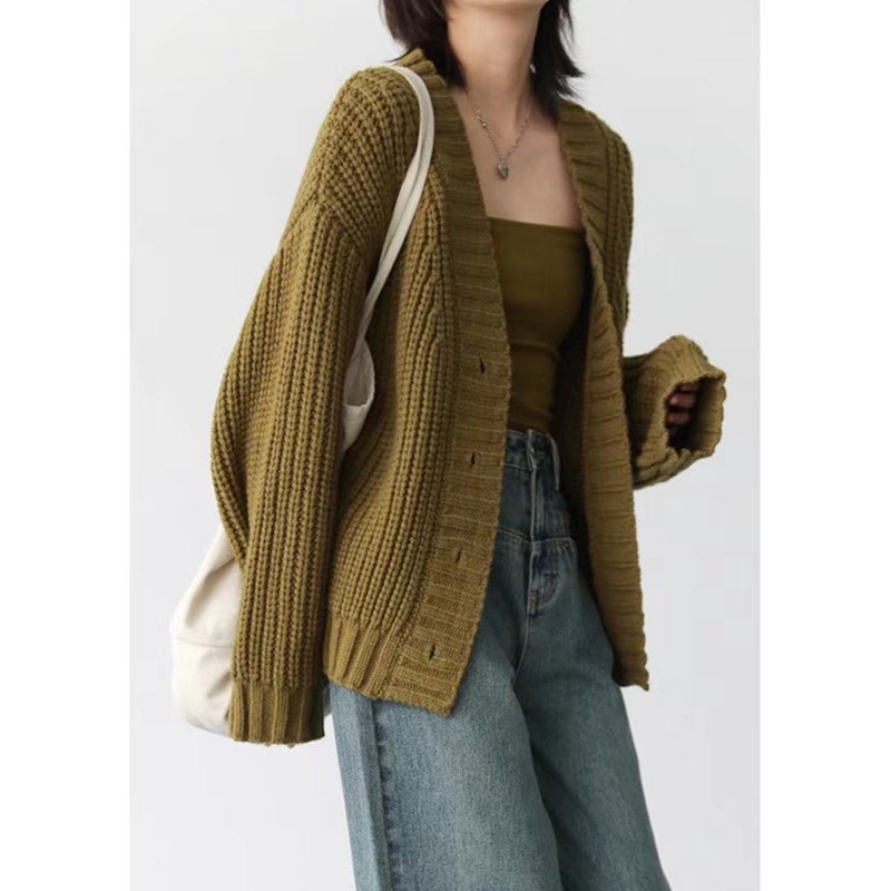 Áo Khoác cardigan Dệt Kim Cổ Chữ V Dáng Rộng Màu Trơn Thời Trang Thu Đông Hàn Quốc Mới Dành Cho Bạn Nữ