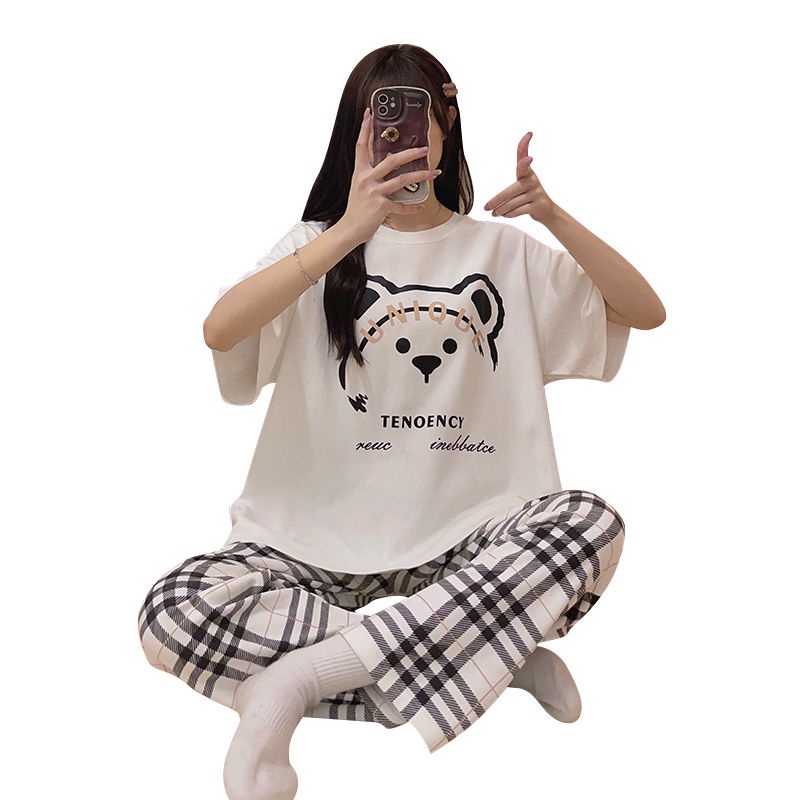 Bộ Đồ Ngủ Tay Ngắn Cổ Tròn Họa Tiết Sọc Caro In Hình Gấu Dễ Thương Thời Trang Mùa Hè Cho Nữ