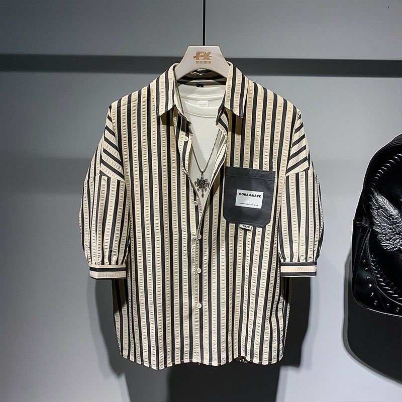 Áo Sơ Mi Tay Ngắn Họa Tiết Kẻ Sọc Thời Trang Mùa Hè Phong Cách Hàn Quốc Cho Nam