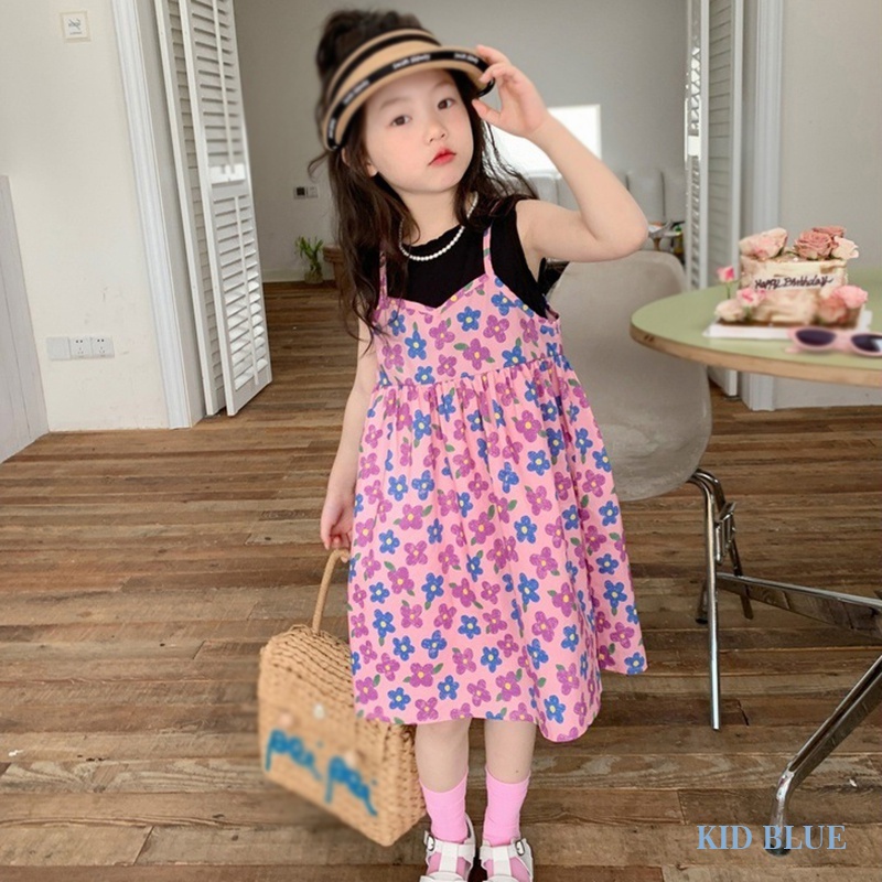 Đầm Công Chúa Giả Hai Lớp Cổ Tròn In Họa Tiết Hoa Phong Cách Hàn Quốc Thời Trang Mùa Hè Cho Bé Gái