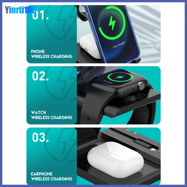 Đế Sạc Nhanh Không Dây Yinrti 3 Trong 1 15w Tương Thích Với Điện Thoại Đồng Hồ Ios