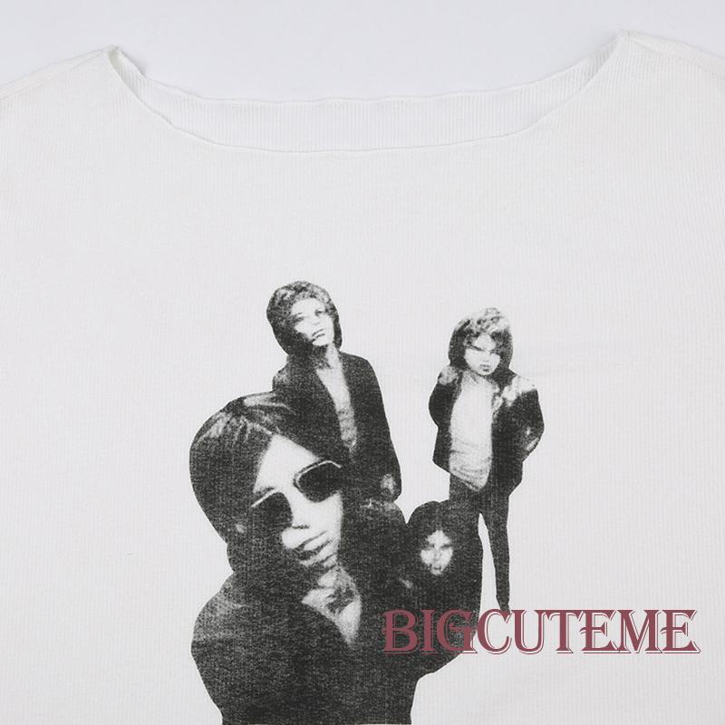 [] Áo Thun Dệt Kim Mỏng Tay Dài Dáng Rộng In Hình Chân Dung Retro Đơn Giản Trọng Lượng Nhẹ Màu Trắng Dành Cho Bạn Nữ Mặc Đi Đường Phố