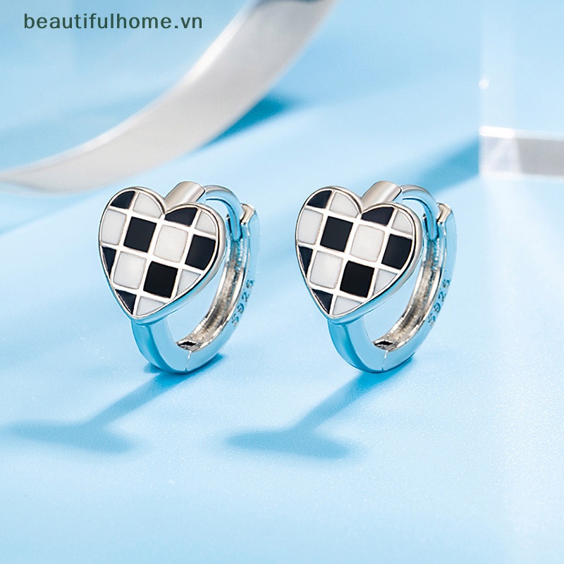 1 Đôi Bông Tai Bạc Hình Trái Tim Họa Tiết Sọc Caro Trắng Đen Sáng Tạo Thời Trang Cho Nữ