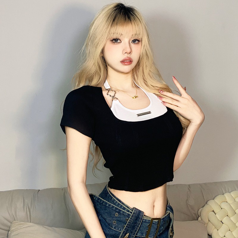 Áo Thun Ngắn Tay Giả Hai Lớp Cài Nút Họa Tiết Hoa Tương Phản Phong Cách Mới Mùa Hè Cho Nữ