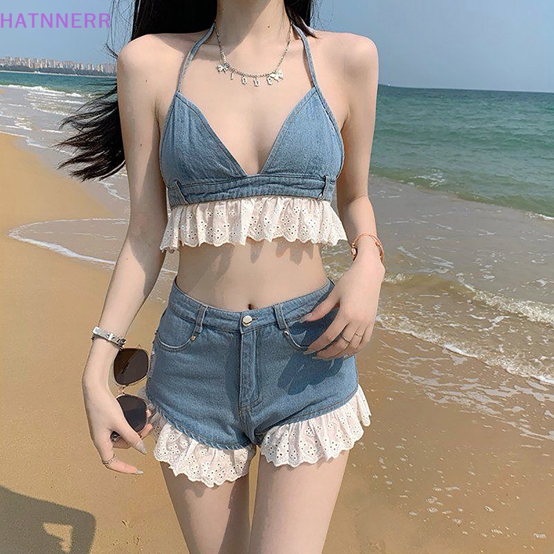 Set Áo Bra + Quần Short Denim Phối Ren Lưng Thun Thời Trang Đi Biển Quyến Rũ Cho Nữ FHS