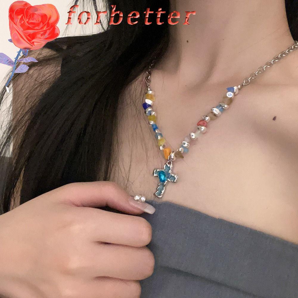 FORBETTER Vòng cổ Xỏ Hạt Y2K Màu Kẹo Mặt Chữ Thập Màu Xanh Dương Phong Cách Hàn Quốc Dễ Thương