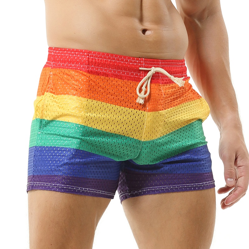 Quần Bơi Ngắn Thể Thao Thoáng Khí Mau Khô Có Túi Kẻ Sọc Cầu Vồng Cho Nam