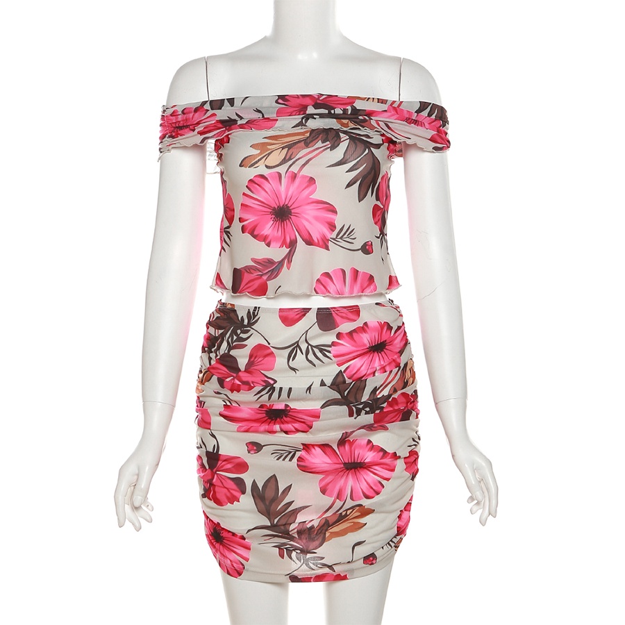 Weird Puss Set Áo Croptop Trễ Vai Họa Tiết Hoa Và Chân Váy Lưng Thun Thời Trang Mùa Hè Xinh Xắn Cho Nữ