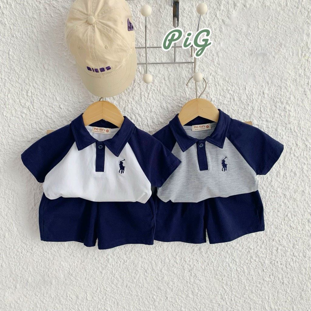 Bộ áo quần polo thêu huy hiệu màu trắng và xám cho bé trai từ 1-5 tuổi Mint's Closet MINTSCLOSET - TN3205