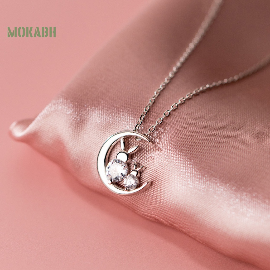 Bộ Vòng cổ + Bông Tai Đính Đá Hình Thỏ &amp; Mặt Trăng Kiểu Hàn Quốc