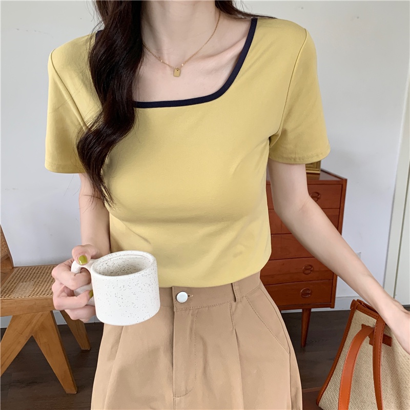 SUXI Áo Thun Croptop Tay Ngắn Màu Sắc Tương Phản Phong Cách Vintage Dành Cho Nữ