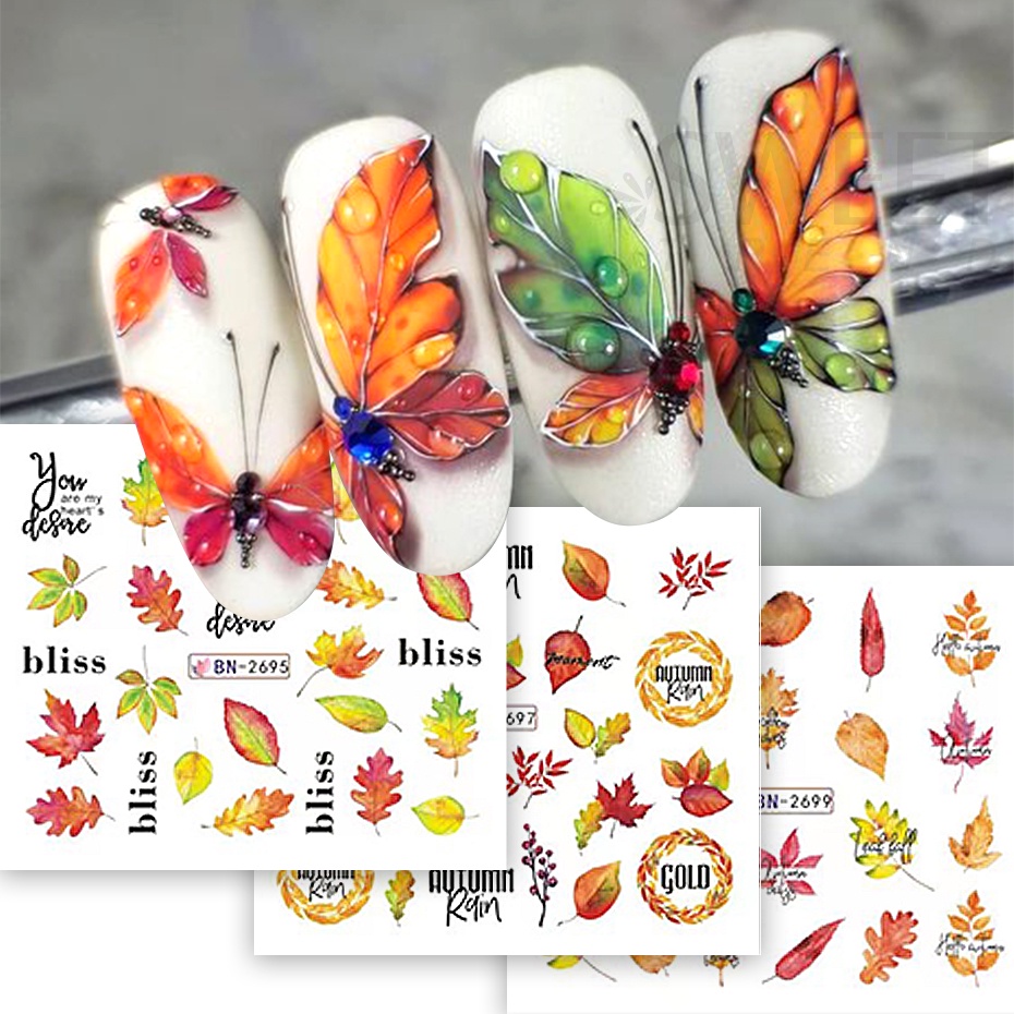 Set 12 Miếng Dán Trang Trí Móng Tay Hình Lá Phong Halloween