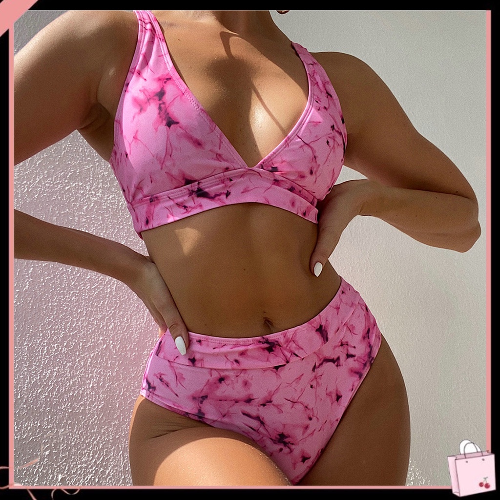 Bộ Đồ Bơi 2 Mảnh Áo Cánh Dơi Cổ Chữ V + Quần Lưng Cao Ôm Dáng Thoáng Khí In Họa Tiết Rồng Mềm Mại Cho Nữ