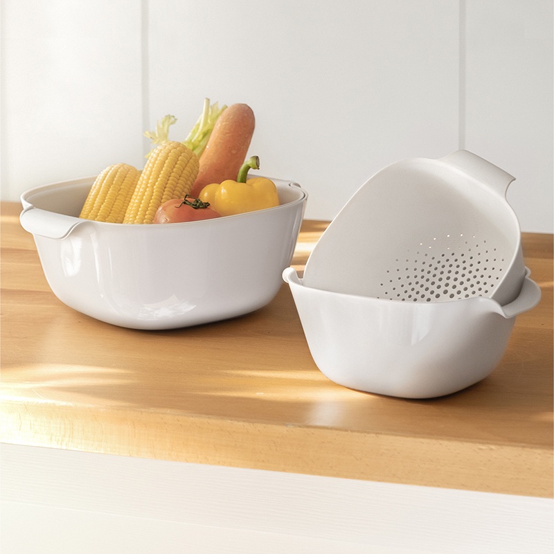 Bộ thau rổ nhựa 2 lớp có quai cầm chắc chắn