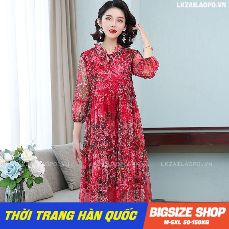 Đầm trung niên Bigsize Váy trung niên cho mẹ voan dáng suông tay ngắn cổ tròn in hình mùa hè Phong cách Hàn Quốc Thời Trang cá tính xinh đẹp cho người mập béo nữ