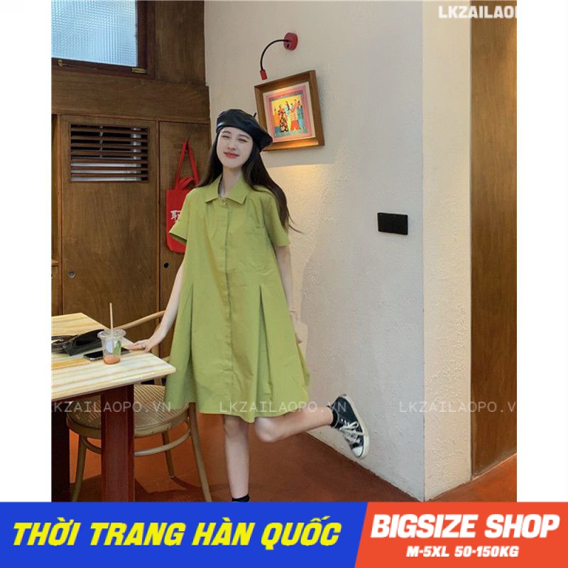 Váy đầm nữ Bigsize Đầm sơ mi dáng suông tay ngắn có cổ trơn mùa hè Phong cách Hàn Quốc Thời Trang đẹp
