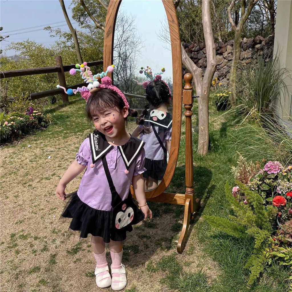 Đầm Tay Ngắn Phồng Cổ Thủy Thủ In Hoạt Hình Kuromi Kiểu Nhật Bản Thời Trang Mùa Hè Cho Bé Gái