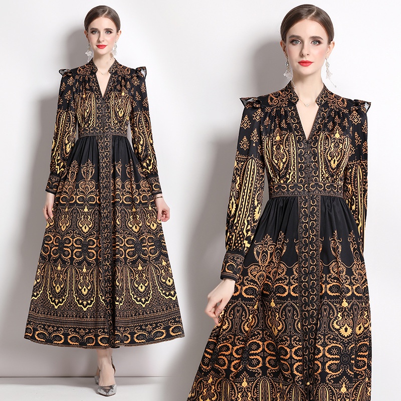 Mùa xuân và mùa thu phong cách châu Âu và Mỹ Vintage dài tay áo đầm thắt lưng dạ tiệc/tiệc đầm dài