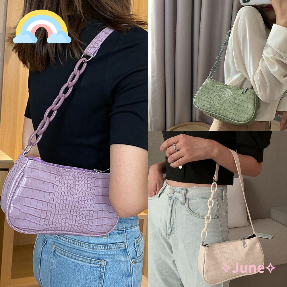 JUNE Túi Đeo Vai Mini Màu Trơn Họa Tiết Da Cá Sấu Phong Cách Cổ Điển Thời Trang Cho Nữ
