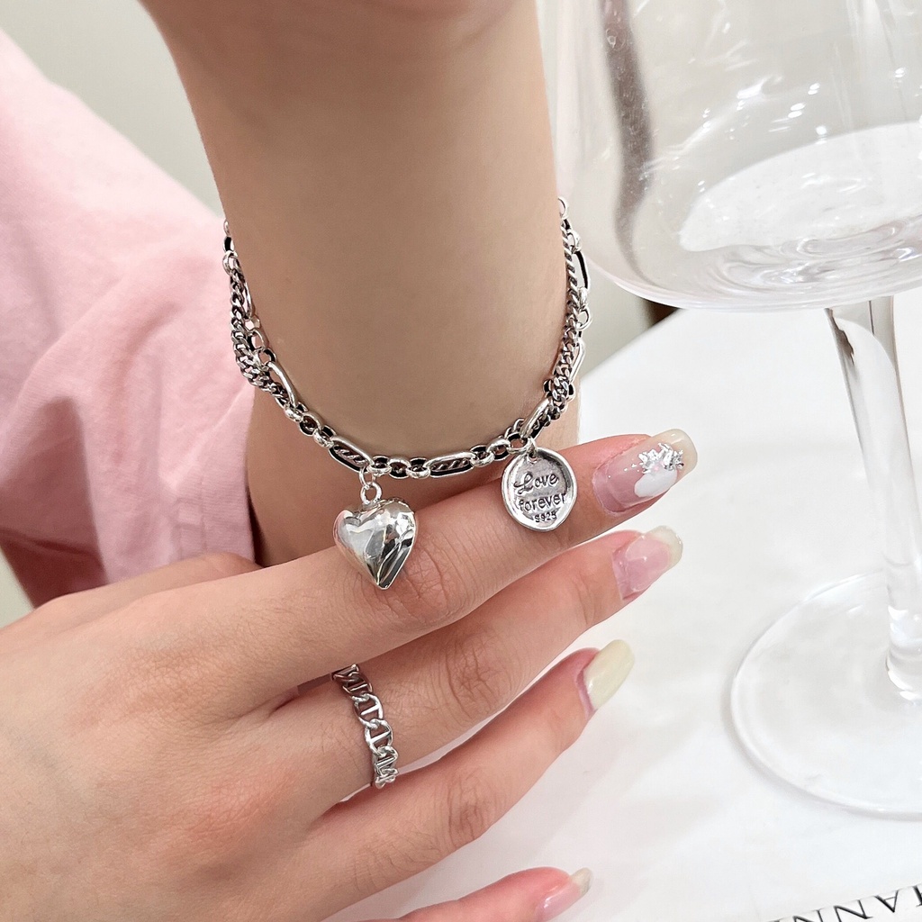 Vòng Tay Hai Lớp Mặt Hình Trái Tim Phong Cách Punk Thời Trang Cho Nữ