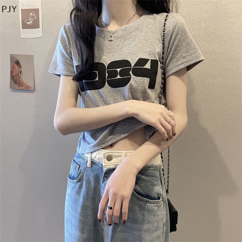 Áo Thun Crop Top Tay Ngắn Cổ Tròn In Chữ Số Thời Trang Mùa Hè Cho Nữ PJ