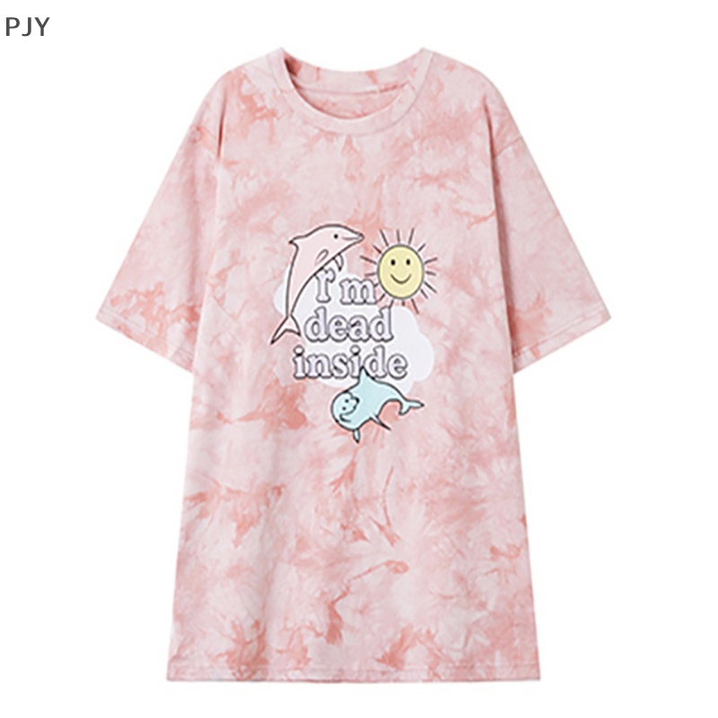 Áo Thun Ngắn Tay Cổ Tròn Dáng Rộng In Màu Nhuộm Ngọt Ngào Thời Trang Mùa Hè Cho Nữ PJ