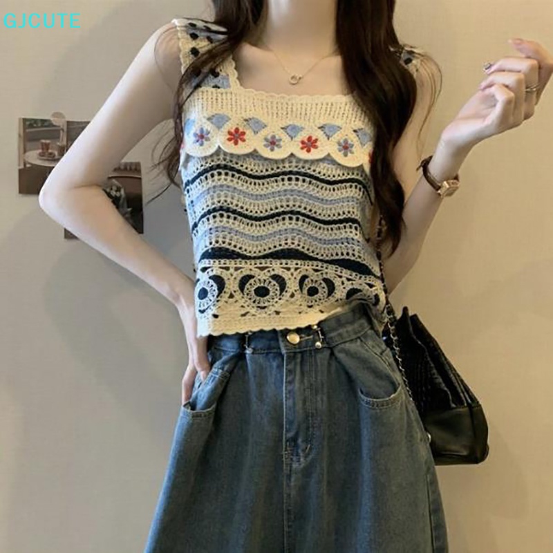 GJCUTE Áo Dệt Kim Nữ Không Tay Thêu Họa Tiết Rỗng Kiểu Vintage Thời Trang Mùa Hè