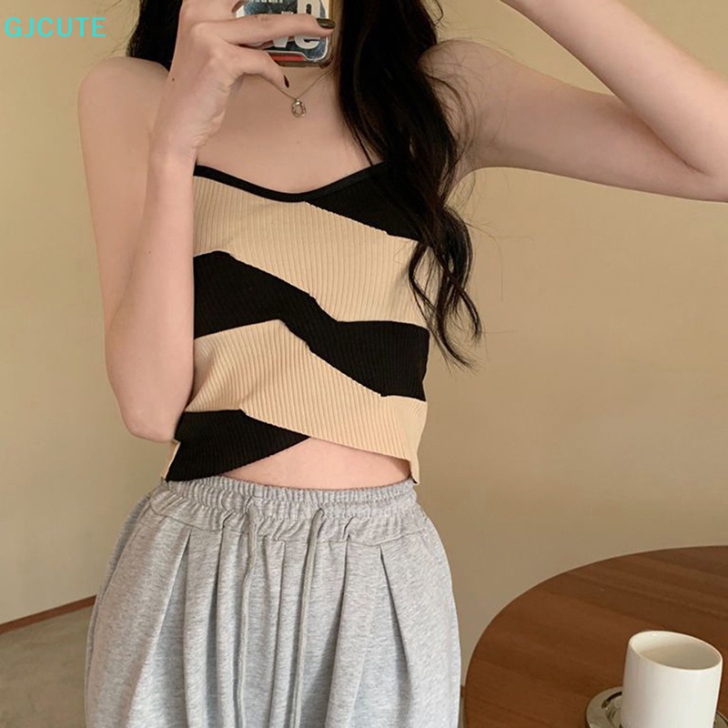 Áo Croptop Dệt Kim Không Tay Dáng Ôm Họa Tiết Kẻ Sọc Màu Sắc Thời Trang Mùa Hè Quyến Rũ Cho Nữ