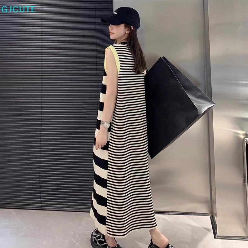 Đầm Dệt Kim Dáng Chữ A Cổ Tròn Họa Tiết Kẻ Sọc Phong Cách Hàn Quốc Thời Trang Cho Nữ