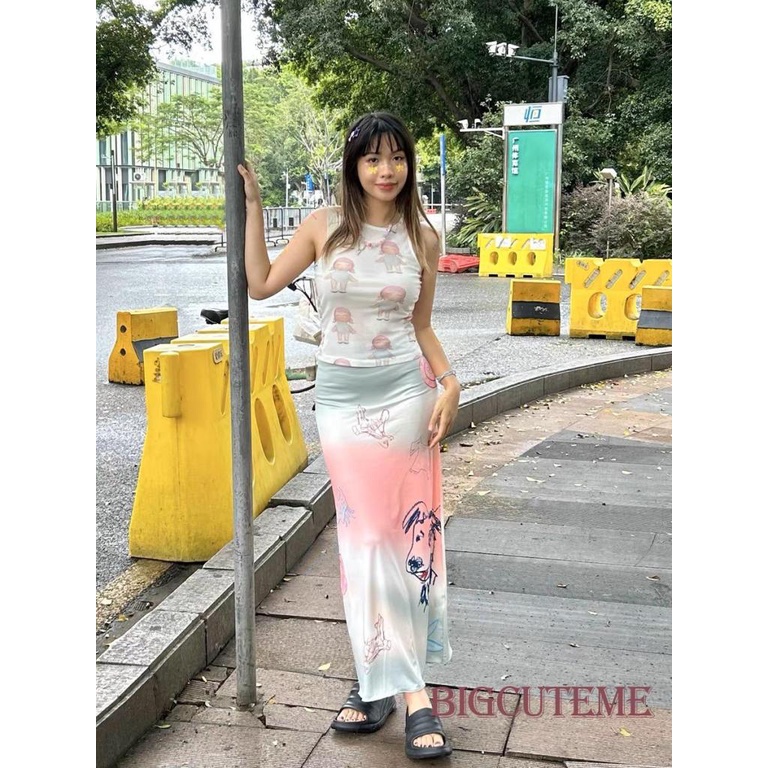 Chân Váy Dài Co Giãn In Họa Tiết Cún Màu Hồng Gradient Thời Trang Mùa Hè Dành Cho Nữ
