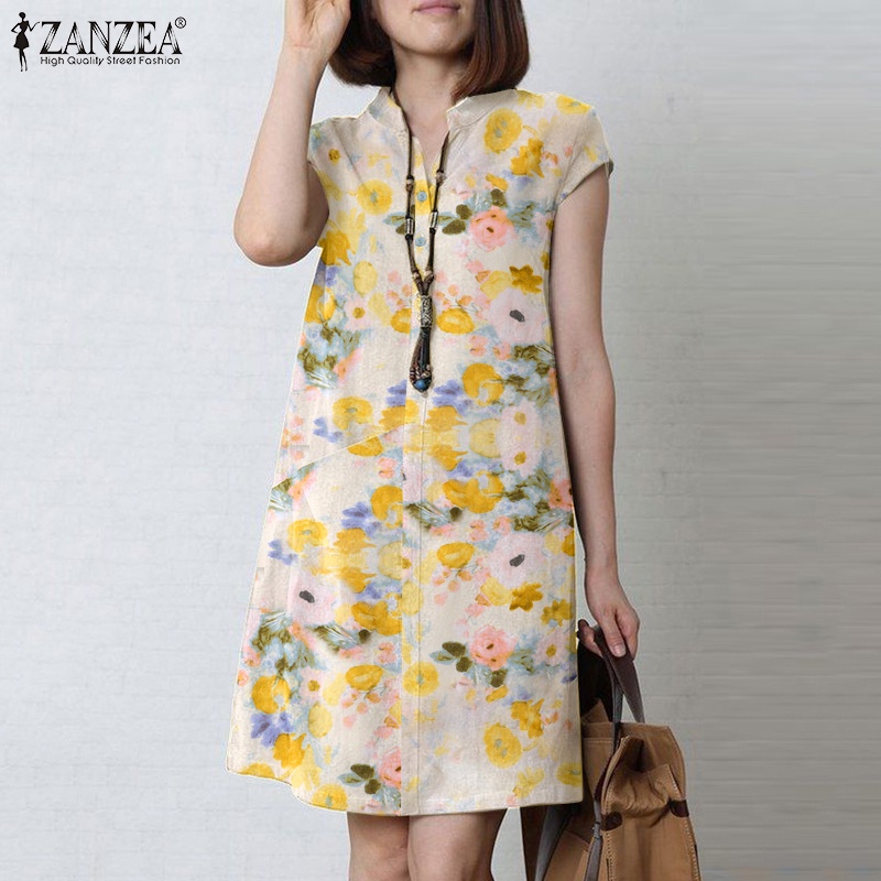 ZANZEA Đầm Ngắn Tay Cổ Chữ V In Hoa Nữ Tính