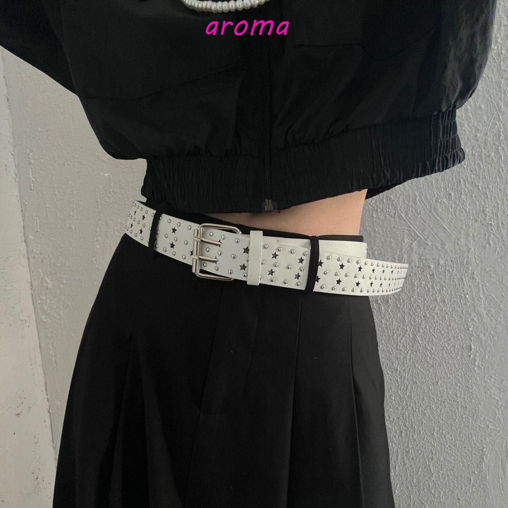 AROMA Thắt Lưng Da PU Đính Đinh Tán Cá Tính Dễ Phối Đồ Thời Trang Cho Nam Nữ