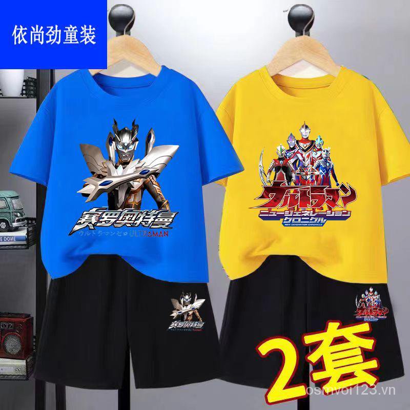 Bộ Đồ Cotton Tinh Khiết In Hình Siêu Nhân Ultraman Hoạt Hình Thời Trang Đường Phố Mùa Hè Dành Cho Bé Trai