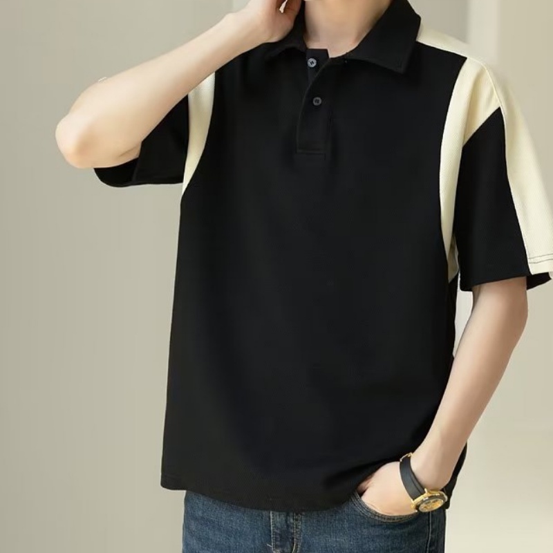 Áo Thun polo Tay Ngắn Dáng Rộng Có Khóa Kéo Màu Sắc Tương Phản Phong Cách Hàn Quốc Thời Trang Mùa Hè Cho Nam