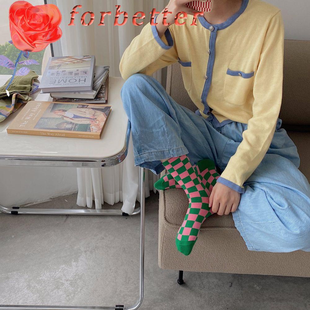 FORBETTER Vớ Cotton Họa Tiết Caro Đơn Giản Phong Cách Harajuku Hàn Quốc Cho Nữ