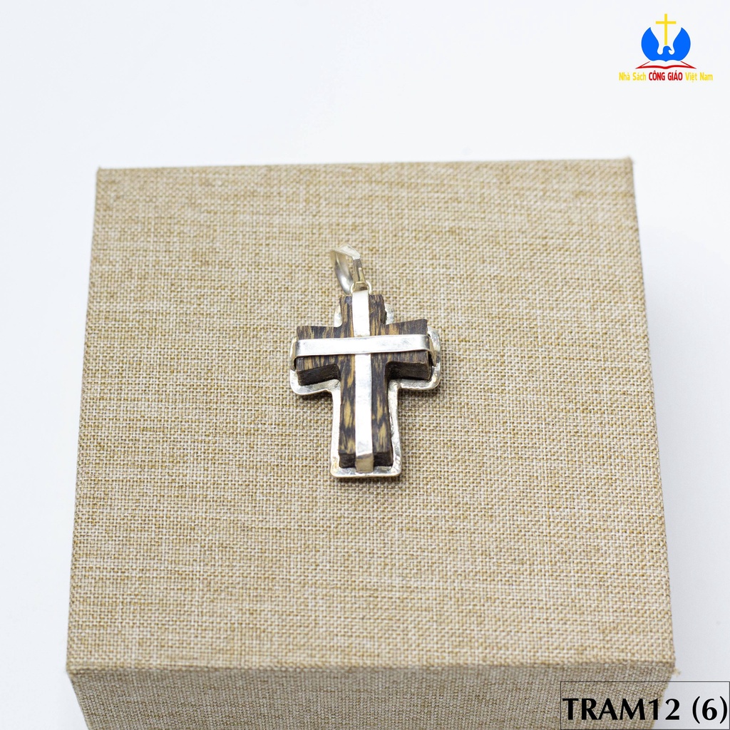 Mặt dây chuyền Thánh giá gỗ trầm hương bọc bạc ta TRAM12 (3x2.5cm) Quà tặng Công Giáo