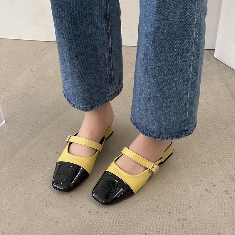 Giày Gót Thấp Mũi Vuông Bằng Da Cho Nữ