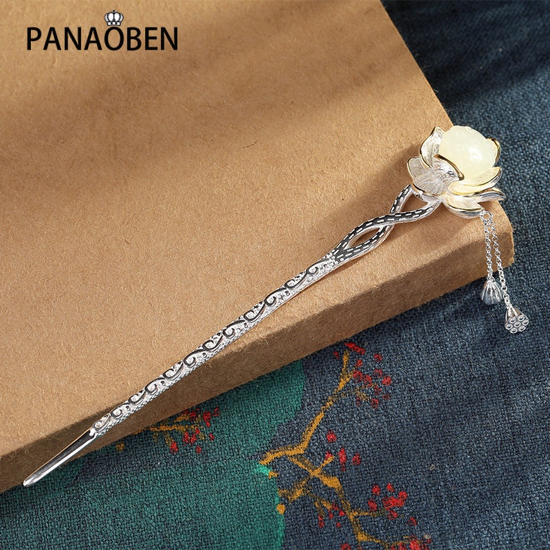 ♥ Trâm Cài Tóc Bạc 925 Hình Hoa Sen Bằng Ngọc Bích Phong Cách Dân Tộc Thái Lan Thích Hợp Làm Quà Tặng Cho Bạn Gái