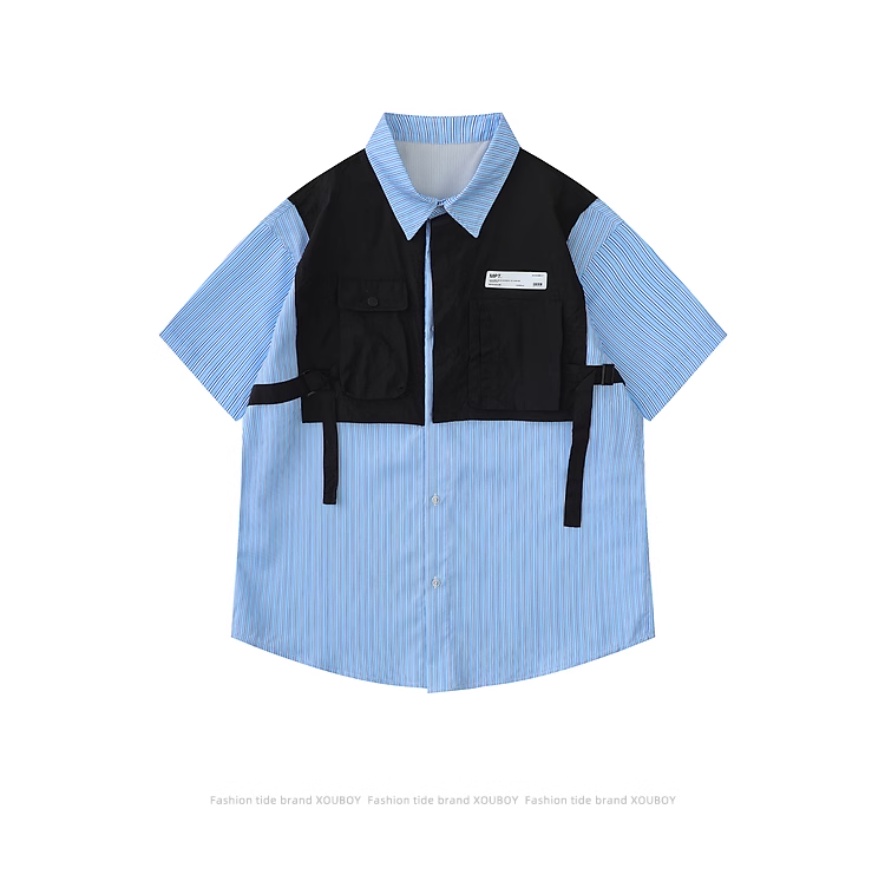 Áo Sơ Mi Giả Hai Lớp Tay Ngắn Kẻ Sọc Màu Sắc Tương Phản Phong Cách Retro Dành Cho Nam Giới