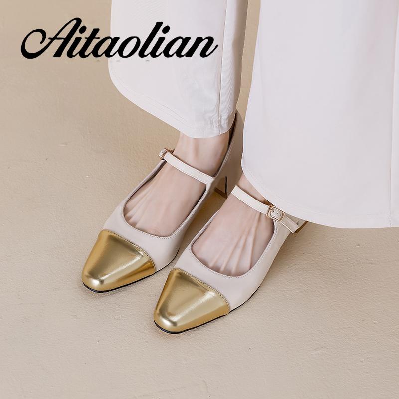 Giày Cao Gót 4cm Da Thật Mũi Vuông Kiểu retro Anh Xinh Xắn Cho Nữ