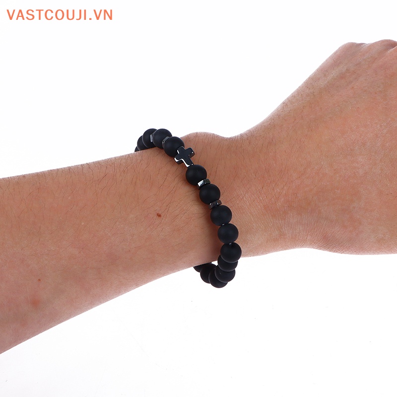 Vòng Tay Chuỗi Hạt Đá Hematite Tự Nhiên Mặt Thánh Giá Độc Đáo